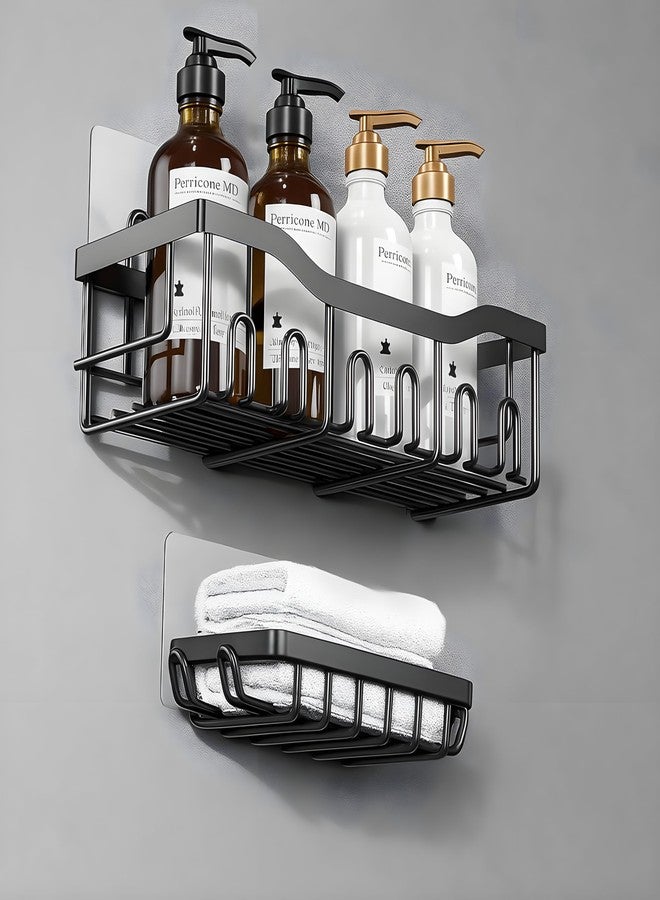 JIALTO Bathroom Organiser Set, 2-in-1 Self-Adhesive Wall Mount Shelves with Soap Holder, No-Drill Installation, Rustproof Stainless Steel Bathroom Shelf (Black) - Image 1